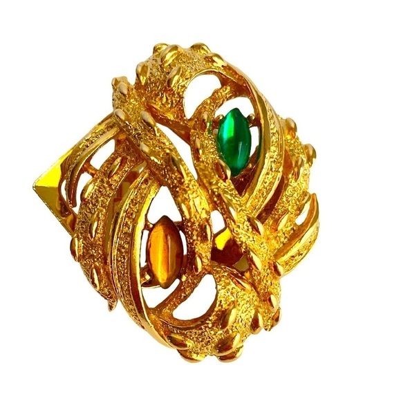 Vintage 1950s ART Fur Clip Brooch Gold Tone Marquis Cabochon Rhinestones Estate - Picture 1 of 10